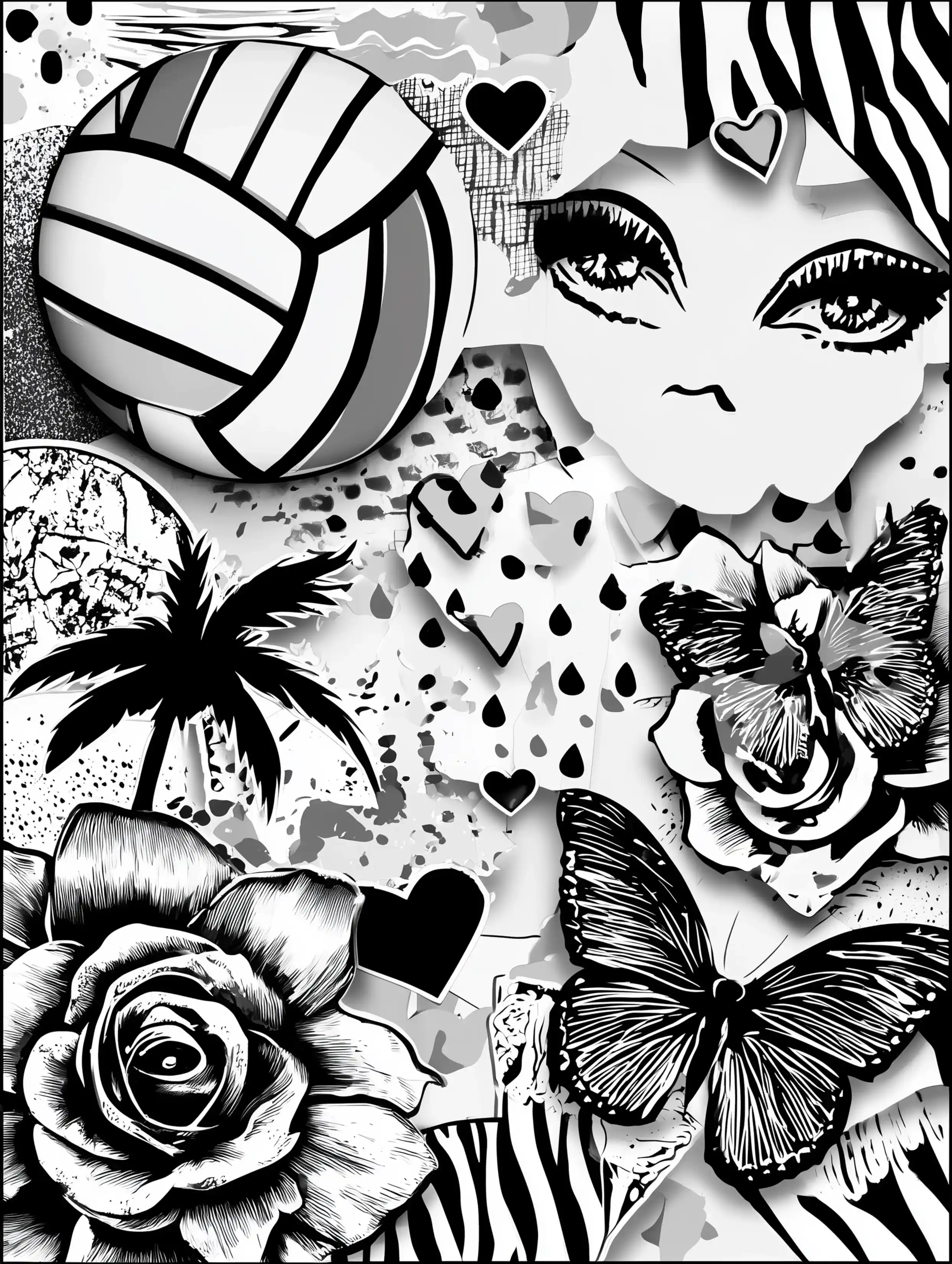 Free printable volleyball coloring page for adults featuring flowers and a large butterfly with volleyball
